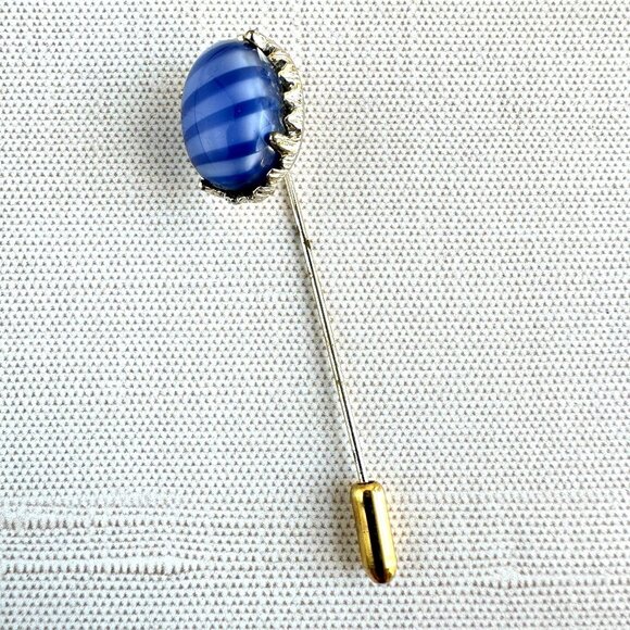 Jewelry - Vintage Art Glass Stick Pin With Blue Striped Oval & Silver-Tone Setting